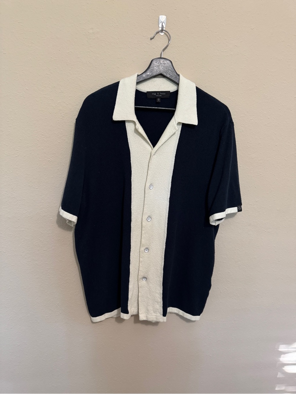 Rag and Bone Navy Cream Toweling Short-Sleeve Knit Shirt